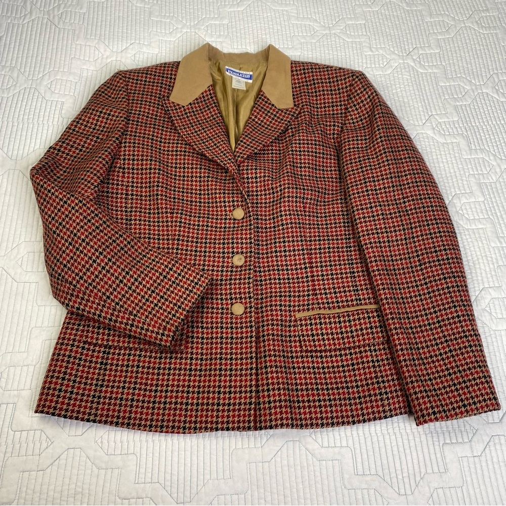 Vintage Pendleton Women’s Houndstooth Plaid Wool Blazer Jacket Size 14 Red Tan